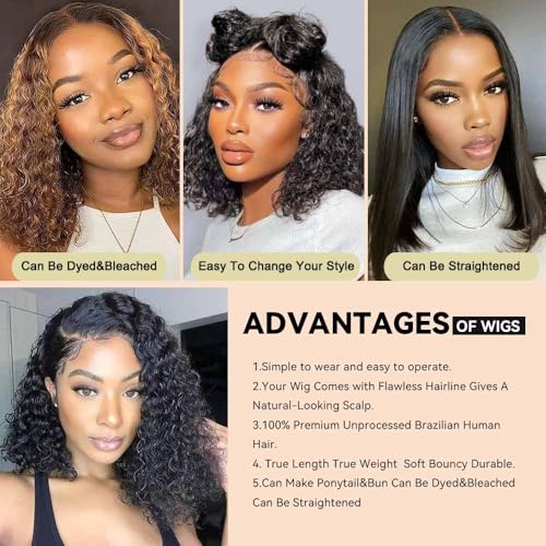 200% Density Short Curly Bob Wig Human Hair Deep Wave 13x4 HD Lace Front Wigs Human Hair for Black Woman Water Wave Glueless Wigs Human Hair Pre Plucked Natural Color 10 Inch