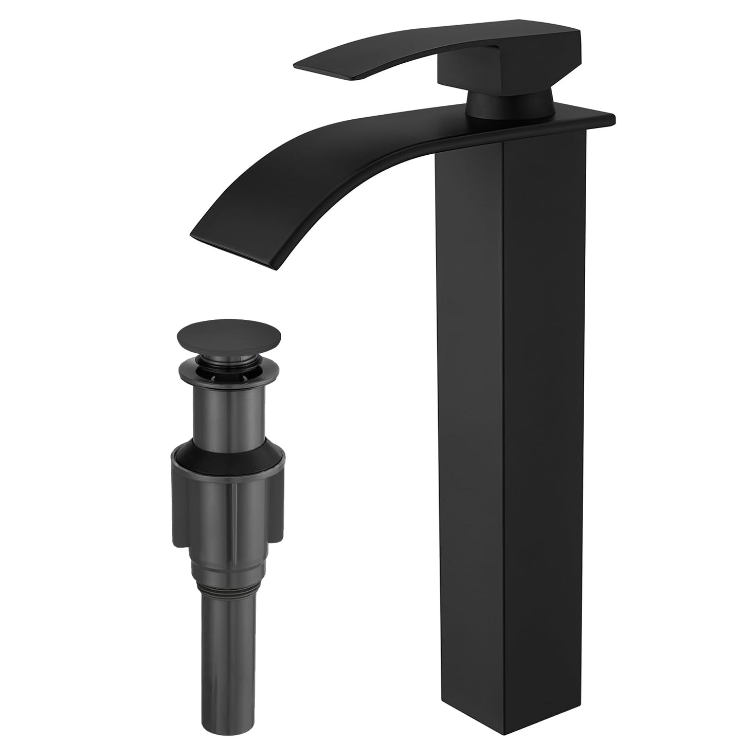 RUMOSE Tall Matte Black Bathroom Faucet with Pop Up Drain Modern Single Handle One Hole Bathroom Vessel Sink Faucet Waterfall Spout Rv Lavatory Vanity Faucet Deck Mount Mixer Tap, Stainless Steel