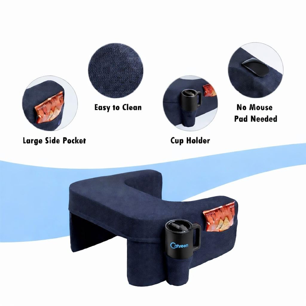 Lap Desk Pillow with 40oz Tumbler, Ergonomic Portable Laptop Desk Cushion for Bed with Arm Support, Gaming Pillow, Reading Pillow Arms, Lap Tray Cushion, Tablet & Laptop Lap Table Workstation