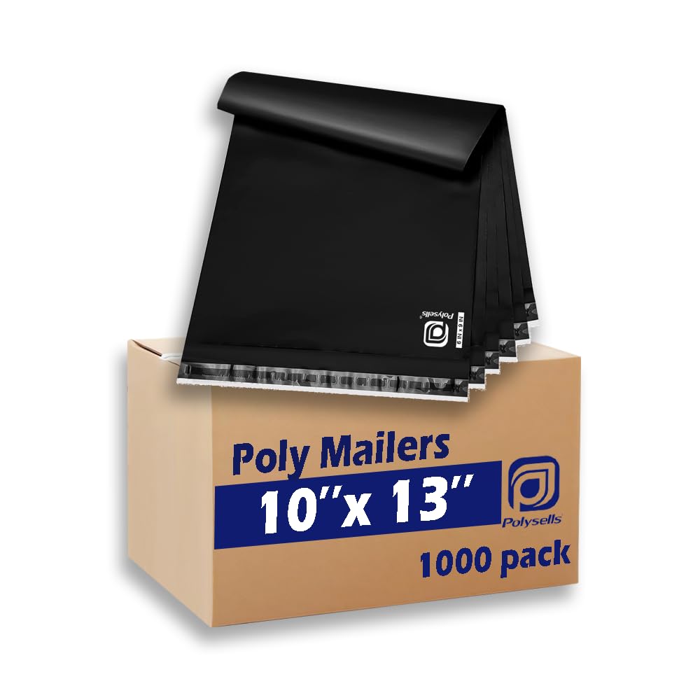 POLYSELLS 1000 pcs 10x13 Inches Black Poly Mailers Shipping Envelopes, Strong Adhesive Sealing, Waterproof, and Tear-resistant Postal Mailing Bags for Clothing, Books, and Accessories