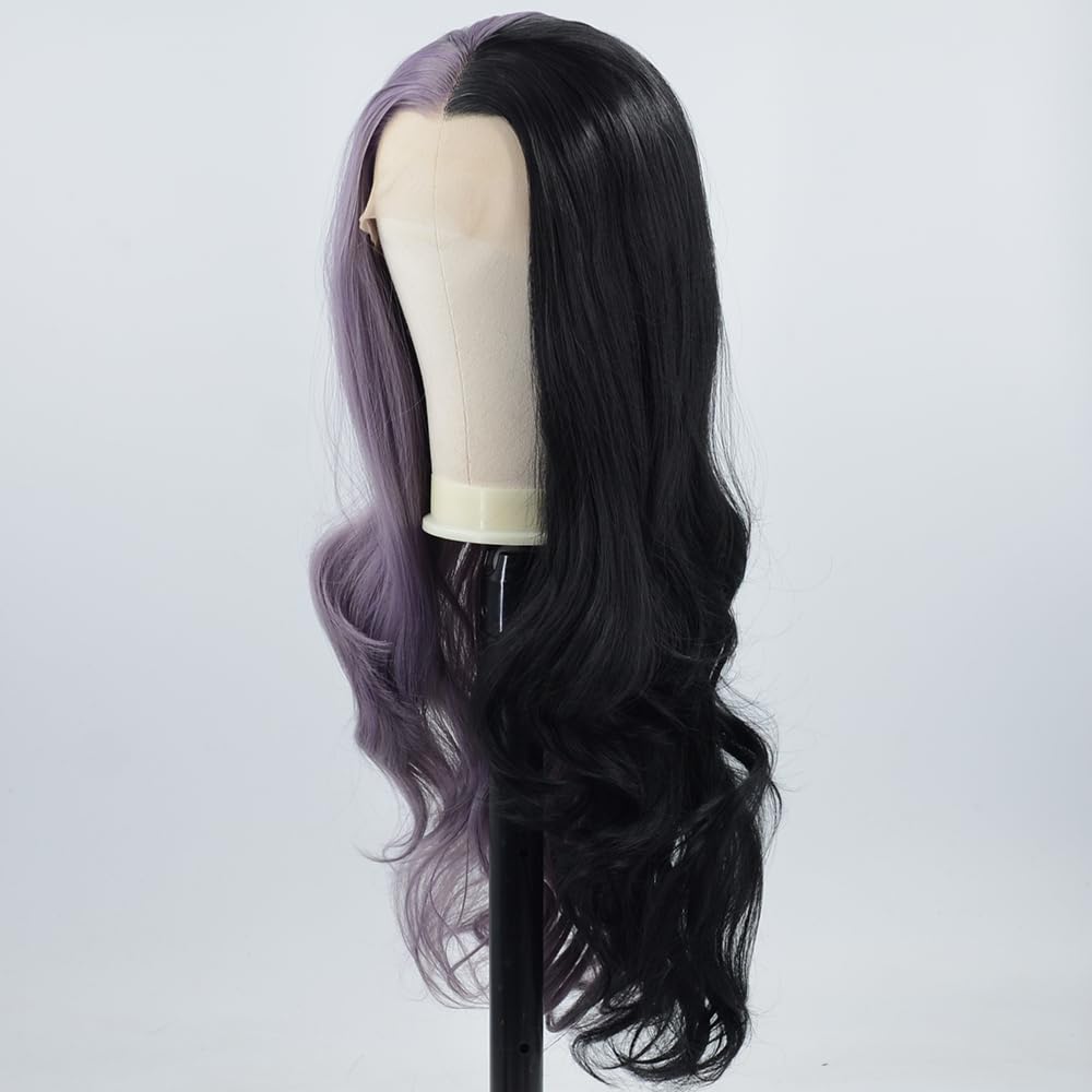 ZHYWIGS Synthetic Lace Front Wigs Long Highlight Purple Black Split Hair Heat Resistant Half Black Purple Side Part 24Inch Long Party Wigs