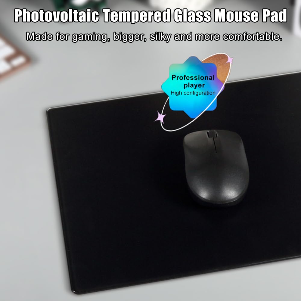 Docooler Photovoltaic Glass Gaming Mouse Pad with Non-Slip Tempered Glass Professional Mouse Mat for Desk Special Glass Surface＆Sides All Around for Computers, Gamer, Office&Home,3 Sizes (All Black)