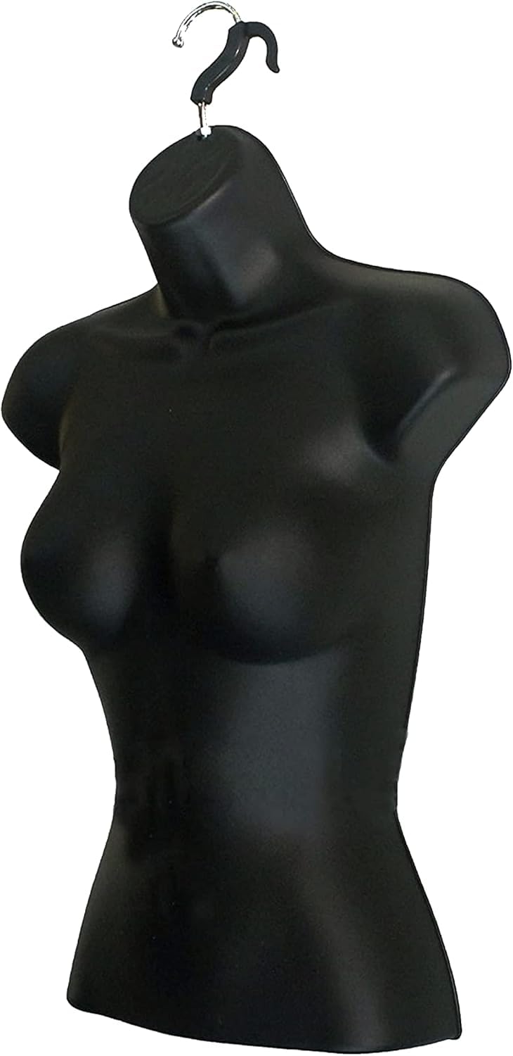 DisplayTown Male and Female Mannequin Torso with Metal Stand Hollow Back Body Stackable Dress Form for Tshirt Display, Countertop, Craft Shows, S-M Size (Black, Set of 1)