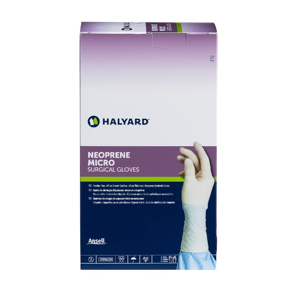 HALYARD Micro Surgical Gloves Sterile Neoprene Individually Wrapped Pairs Powder Free Medical Disposable Gloves, 5.9 mil, Size 7.5 Medium, Cream, SGL85075 (Box of 50 Pairs - 100 Total)