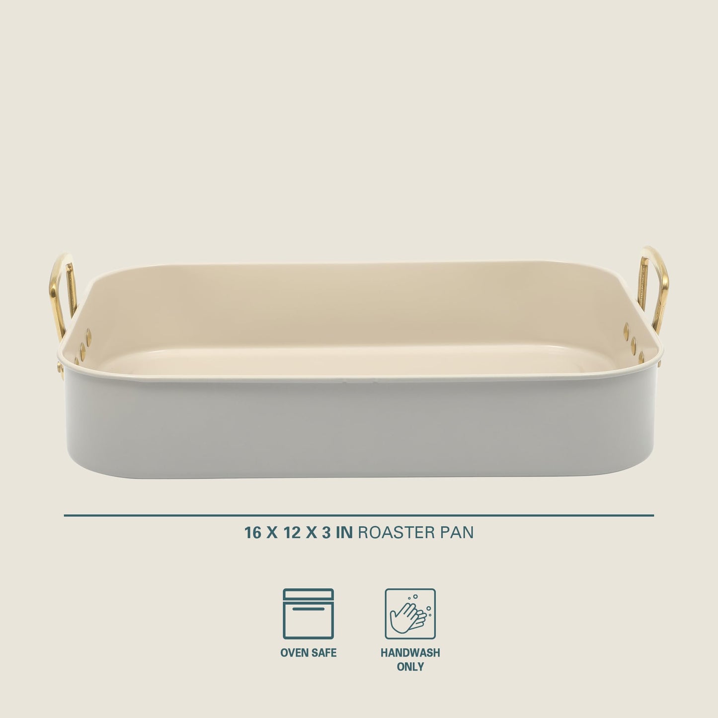Gibson Home Broxton 2-Piece Nonstick Roaster Pan with Rack – 16 x 12 Inch Taupe Turkey Roasting Pan with Cast Aluminum Gold Handles – Oven-Safe, Easy-Clean, Holiday Cookware