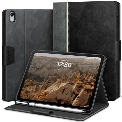 KingBlanc Case for iPad 10th Generation (2022,10.9-inch) with Built-in Pencil Holder, Vegan Leather Protective Smart Stand Cover, Auto Sleep Wake, Multiple Angles for Viewing/Typing, Black × Gray