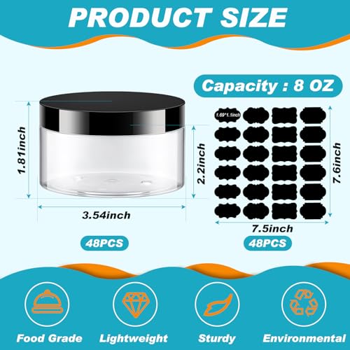 Uiifan 48 Pcs 8 oz Plastic Cosmetic Jars with Lids and Labels Empty Refillable Cosmetic Leak Proof Containers Lotion Jars for Cream Body Butters Powder Ointment Lip Scrub (Clear with Black Lids)