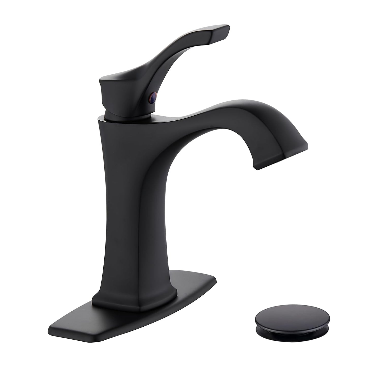 Matte Black Bathroom Faucet 1 Hole, Sanliv Single Handle Bathroom Sink Faucet, Modern Black Vanity Faucet with Deckplate & Pop-Up Drain for One or 3-Hole Farmhouse Sinks