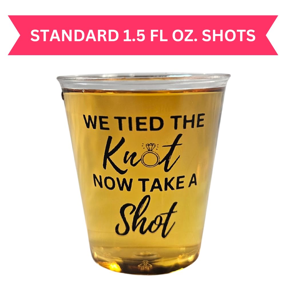 Cloverjoyed Disposable Plastic Wedding Shot Glasses, 200 Pack, 'We Tied the Knot Now Take a Shot' with Ring Design, Perfect for Weddings, Bridal Showers, Engagement Parties