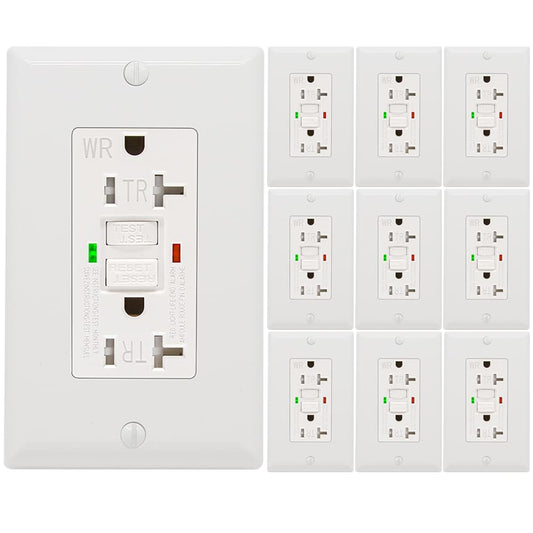 10 Pack - POWAWINI GFCI Outlet 20 Amp, UL Listed, Self-Test GFI Receptacles, TamperResistant, Weather Resistant, LED Indicator, with Decor Wall Plates and Screws, Indoor or Outdoor Use (White)