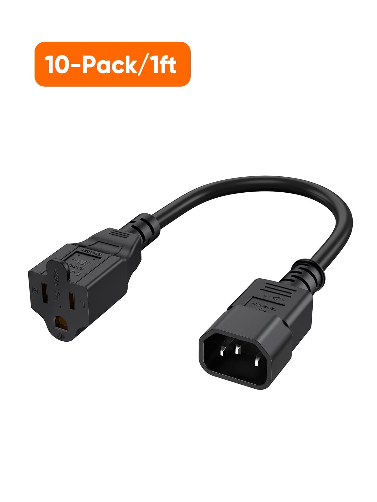 CableCreation [10-Pack] 1 Foot 18AWG Standard Computer Power Adapter Cord NEMA 5-15R Receptacle to IEC320 C14, 0.3M/Black