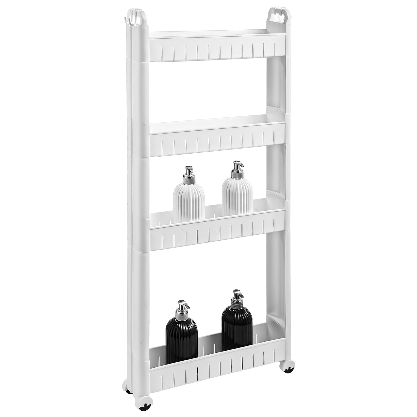 4 Tiers Slim Rolling Storage Cart, 3.5 in Slim Slide Out Bathroom Organizer Cart, Tiered Storage Rack with Wheels, Narrow Mobile Utility Cart for Laundry Room, Kitchen, Office, Sturdy Room