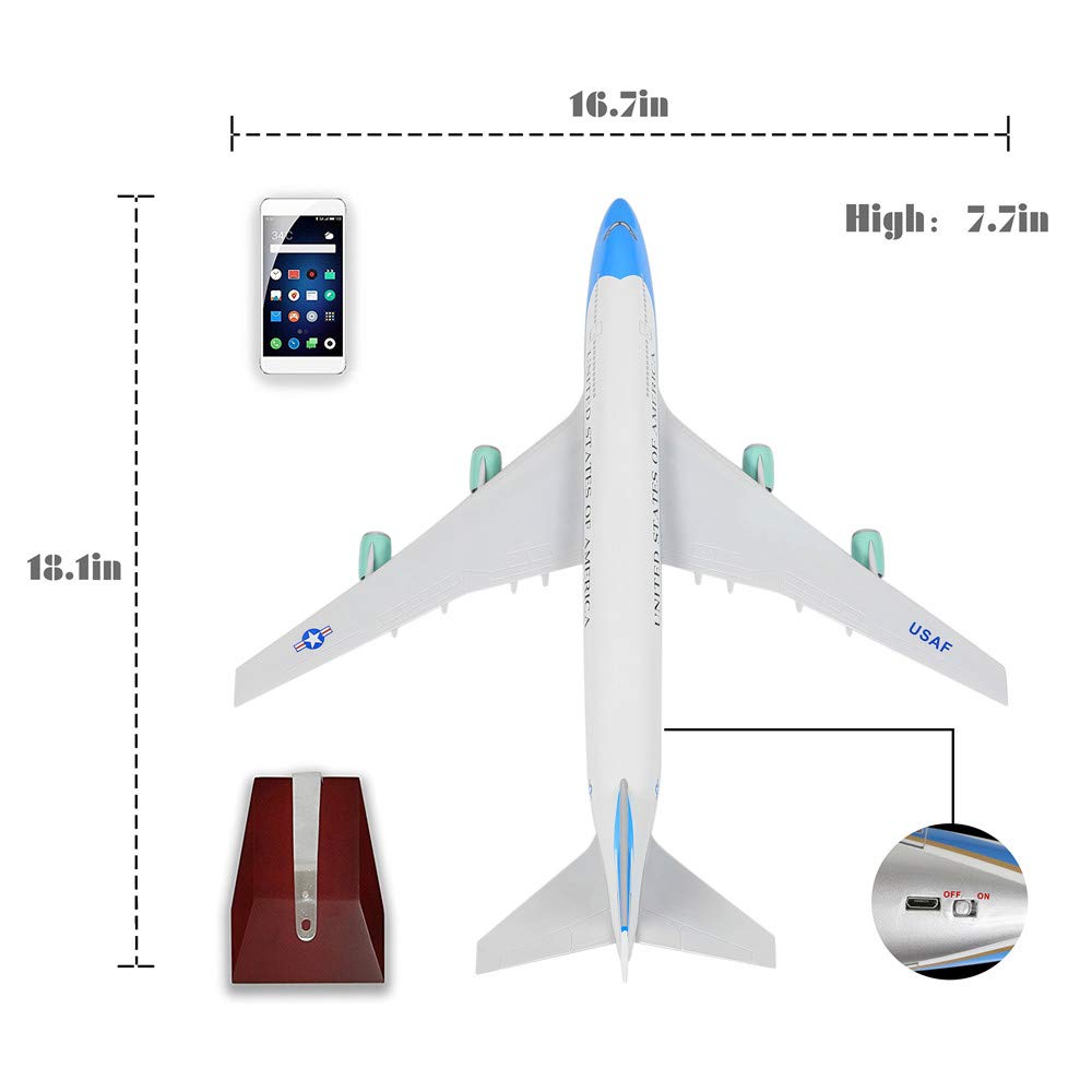 24-Hours 18” 1:130 Scale Model Jet United States Air Force One Plane B747 Model Planes Kits Display Diecast Airplane for Adults with LED Light(Touch or Sound Control)