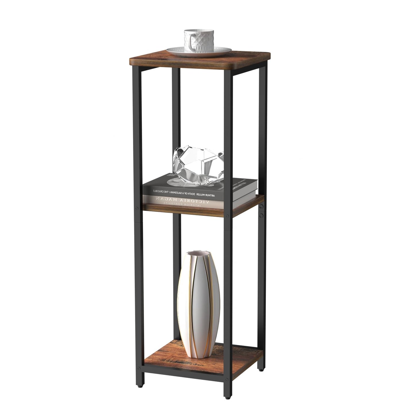 GHIMIGN 10" Wide Square Drink Table with Adjustable Feet - 3-Tier Small Side Table for Apartments, Balcony & Office | Space-Saving, Lightweight & Multi-Functional (Plants, Books, Drinks, Brown)