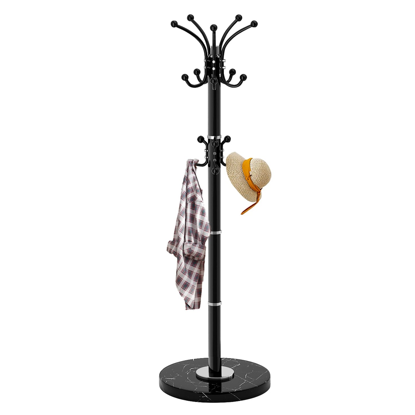LOZABEE Metal Heavy Duty Coat Rack Stand, Modern Freestanding Coat Rack with Natural Marble Base, 360° Roraty Coat Racks with 16 Hooks, Black Coat Hall Tree Hanger Stand for Entryway, Office