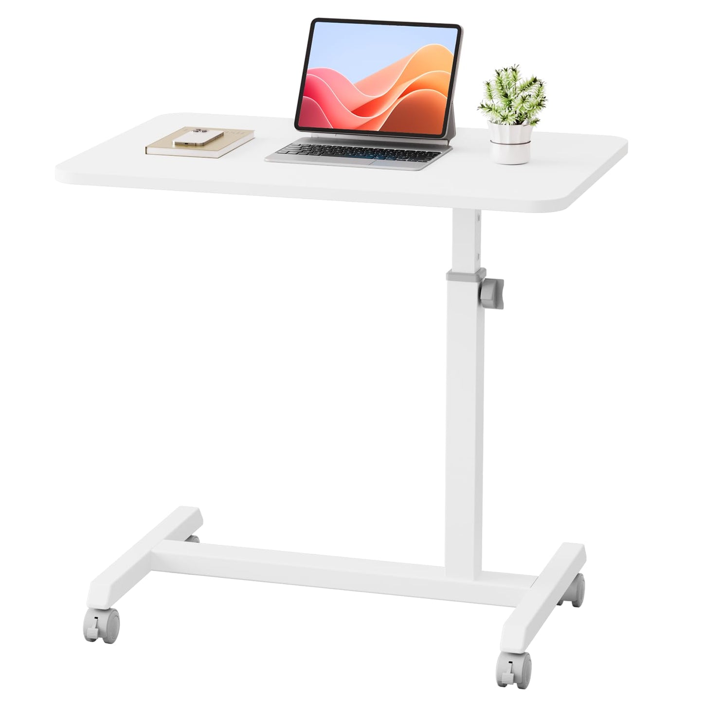 GTPLAYER Small Standing Desk, 24 Inches Mobile Rolling Laptop PC Table with Lockable Casters, Adjustable Height Overbed Bedside Table Computer Workstation for Home Office, White-Fixed