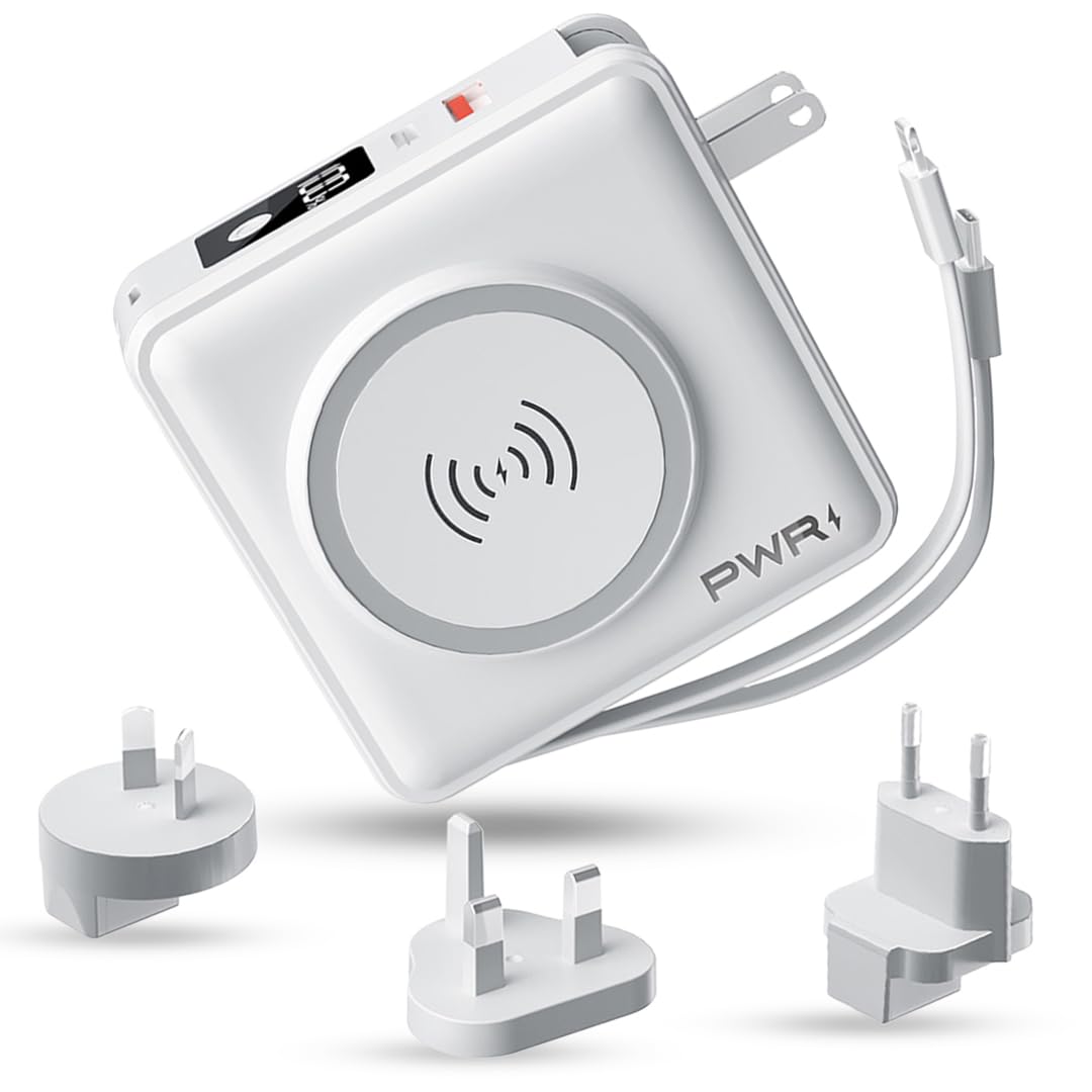 PWR Travel PRO 5-in-1 Power Bank – 5-in-1 PD 20W USB C Power Bank – 15W Fast Charging Wireless Portable Charger – Travel Power Bank with 10,000mAh Battery – Compatible with Lightning, USB-C (White)
