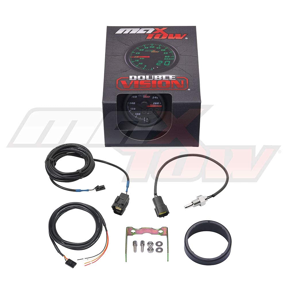 MaxTow Double Vision 260 F Transmission Temperature Gauge Kit - Includes Electronic Sensor - Black Gauge Face - Green LED Illuminated Dial - Analog & Digital Readouts - for Trucks - 2-1/16" 52mm