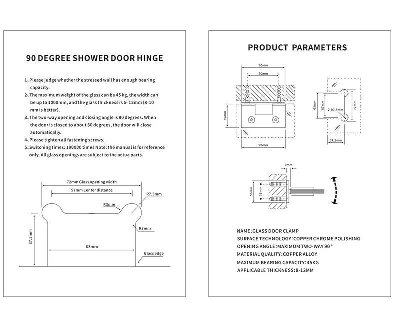 NovaNectar Brass Glass Door Hinge,90 Degree Heavy Duty Short Back Plate Hinges, Shower Door Hardware Replacement for 5/16" to 1/2" (8 to 12 mm) Tempered Glass, Chrome