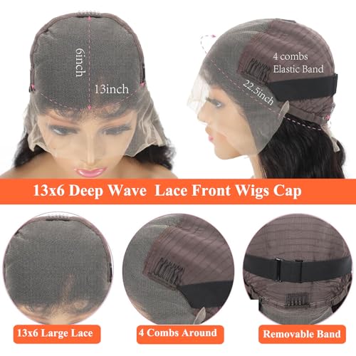 30 Inch Deep Wave Lace Front Wigs Human Hair 13x6 HD Lace Front Wigs Human Hair for Women Natural Color Deep Curly Human Hair Wig 180% Density Transparent Lace Frontal Wig Pre Plucked with Baby Hair