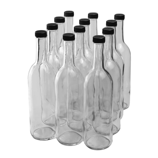 FastRack 750 ml Clear Bordeaux Wine Bottles (Pack of 12) Screw top finish with 12 Black PLASTIC caps | W5 Flint Flat-Bottomed Glass Bottles Ideal for Wine Making and Storage