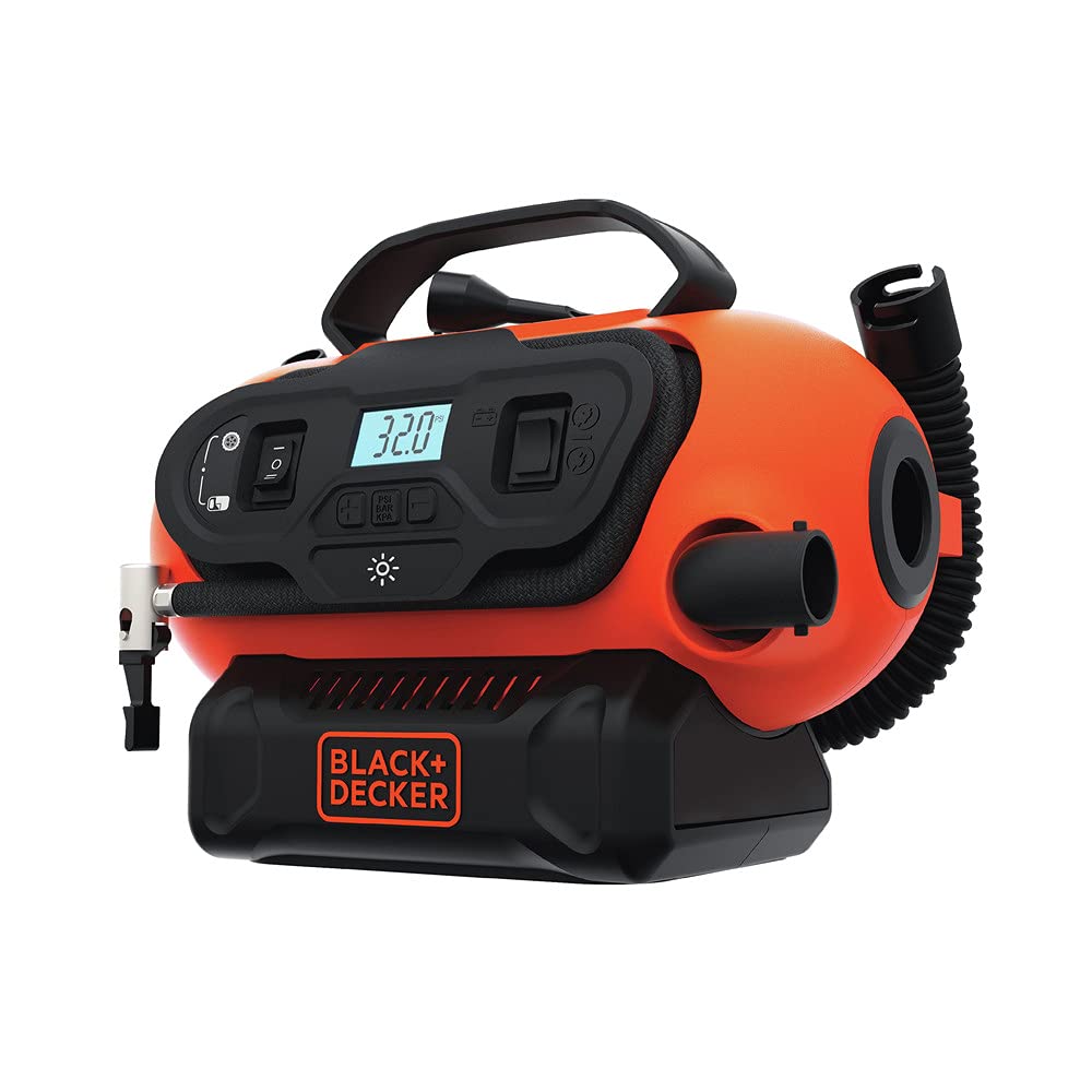 BLACK+DECKER Tire Inflator Portable Air Compressor, Air Pump for Inflatables, 3 Modes: Electric Outlet, 12V Car Adapter and Cordless 20V MAX, Battery Sold Separately (BDINF20C)