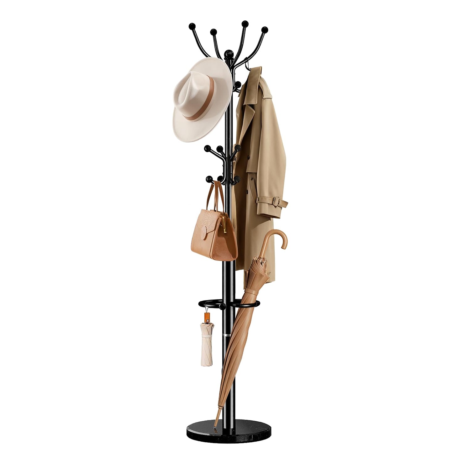 Pipishell Metal Heavy Duty Coat Rack with Sturdy Marble Base, Coat Tree with 16 Hooks & Detachable Umbrella Holder,Coat Rack Freestanding for Entryway, Corner, Bedroom and Home Office, Black