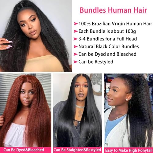 Kinky Straight Human Hair Bundles 16 18 20 Inch 12A 100% Unprocessed Brazilian Virgin Hair 3 Bundles Yaki Straight Bundles for Black Women Quick Weave Natural Black Color