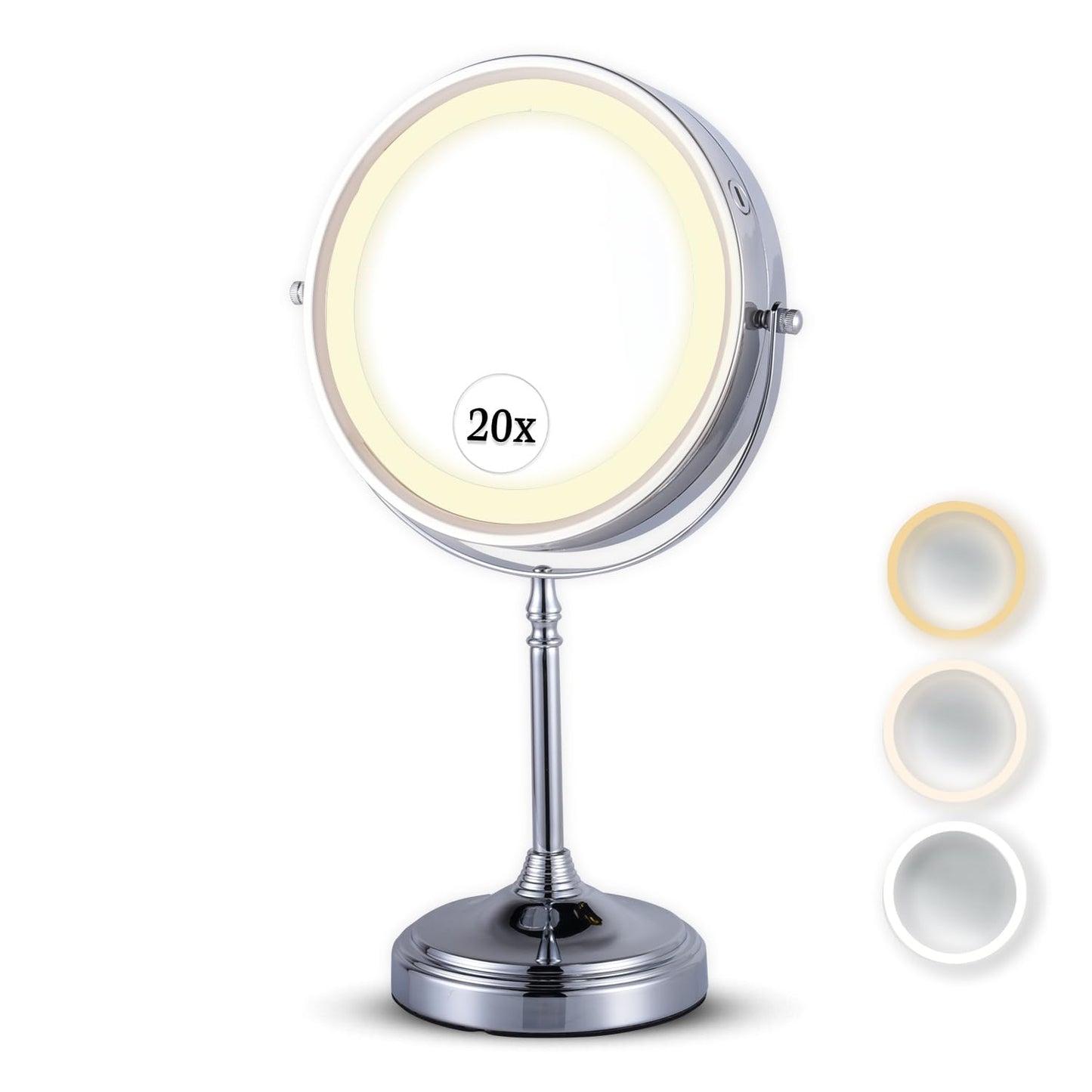 MIRRORVANA Ultra Zoom 20X Magnifying Lighted Table Mirror for Makeup - 20X & 1X Dual Sided LED Make-up Mirror with 3 Light Modes, Rechargeable Battery with USB Cable - 8" Wide & 15" Tall (Chrome)