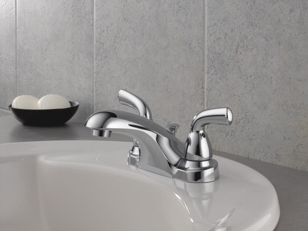 Delta Foundations Centerset Chrome Bathroom Faucet, 4 Inch 3 Hole Bathroom Sink Faucet for Vanity, Chrome B2510LF