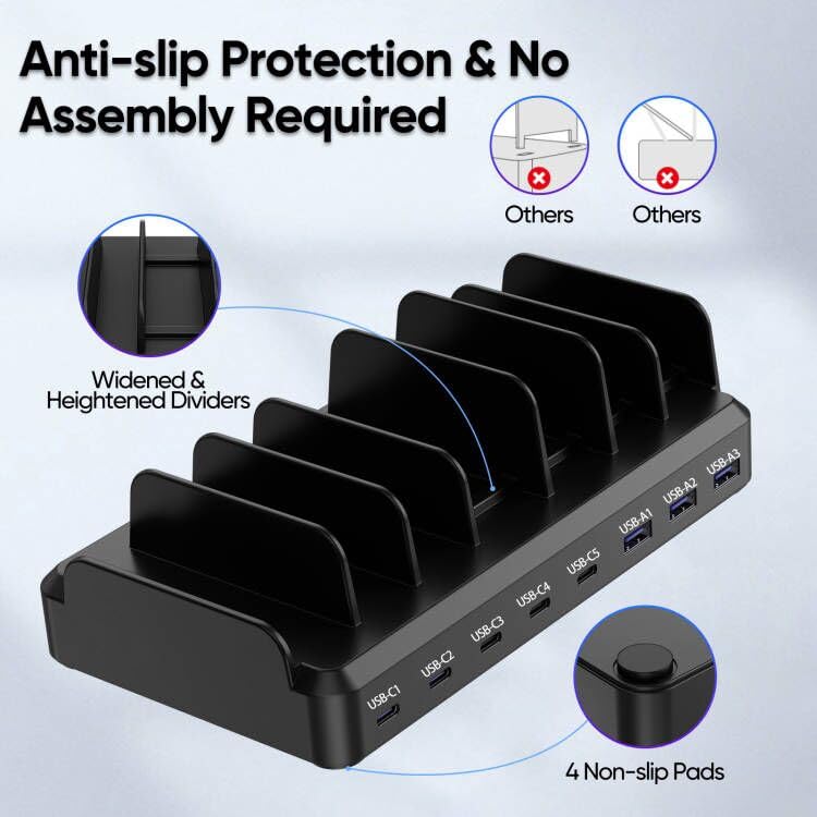 300W USB C Charging Station for Multiple Devices, 8 Port Multi Device Fast Charging Station for MacBook iPhone 15 Phone iPad Tablets Black (6 Mixed Short Cables Included)