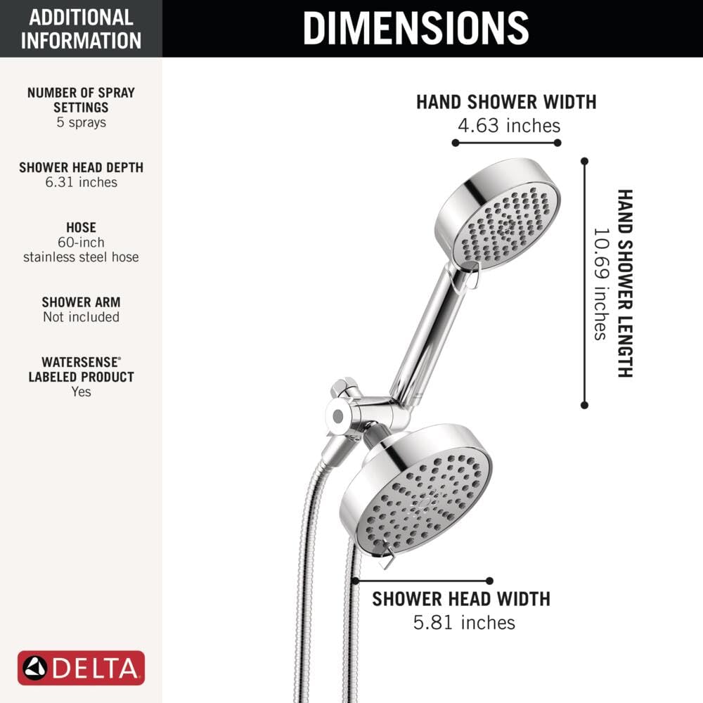 Delta Round 2-in-1 Dual Shower Head with 4-Setting HandHeld Spray, Chrome Detachable Double Shower Head with Hose, Showerhead, 1.75 GPM Flow Rate, Chrome 75756
