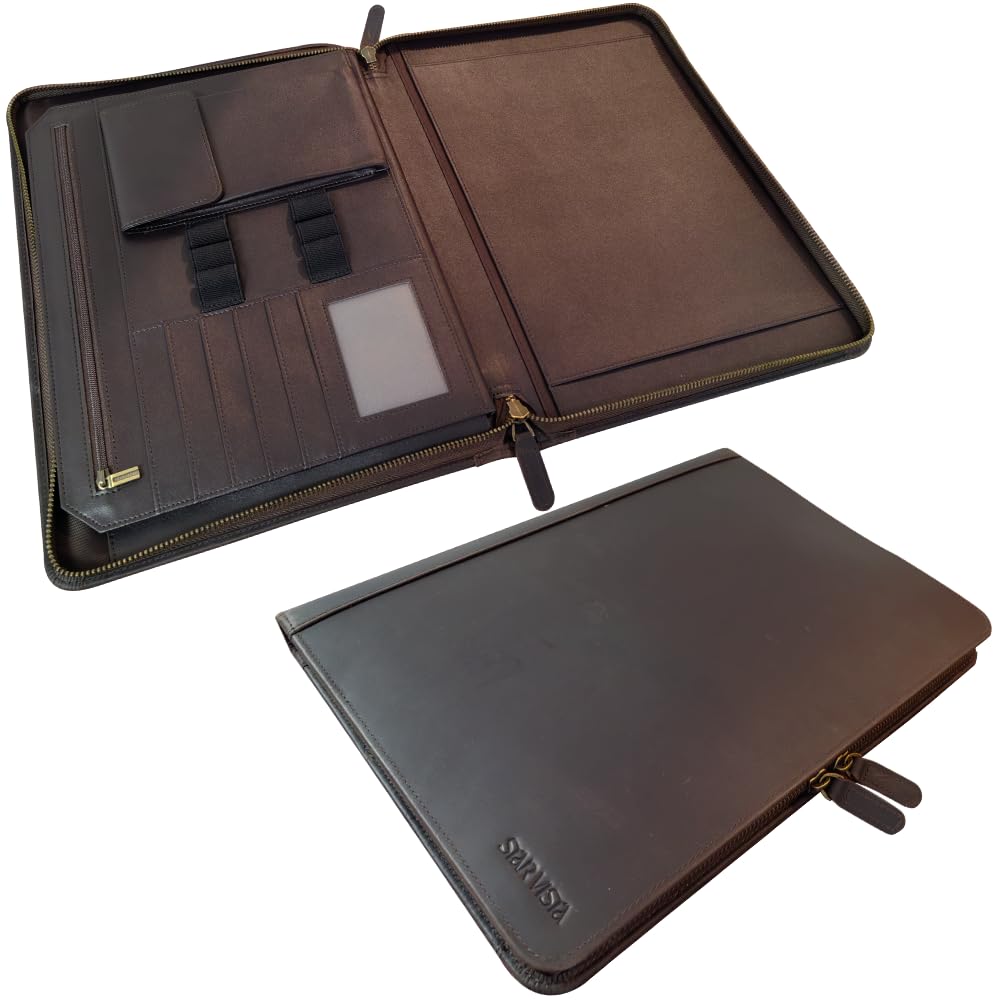 STAR VISTA Flamingo Full Grain Cowhide Leather Portfolio Padfolio, Folder with Dual YKK Zippers, Notebook Binder for A4/Pad, Sleeve for 13" Tablet & 6.8" Phone, Business, Meeting or Travel Mate