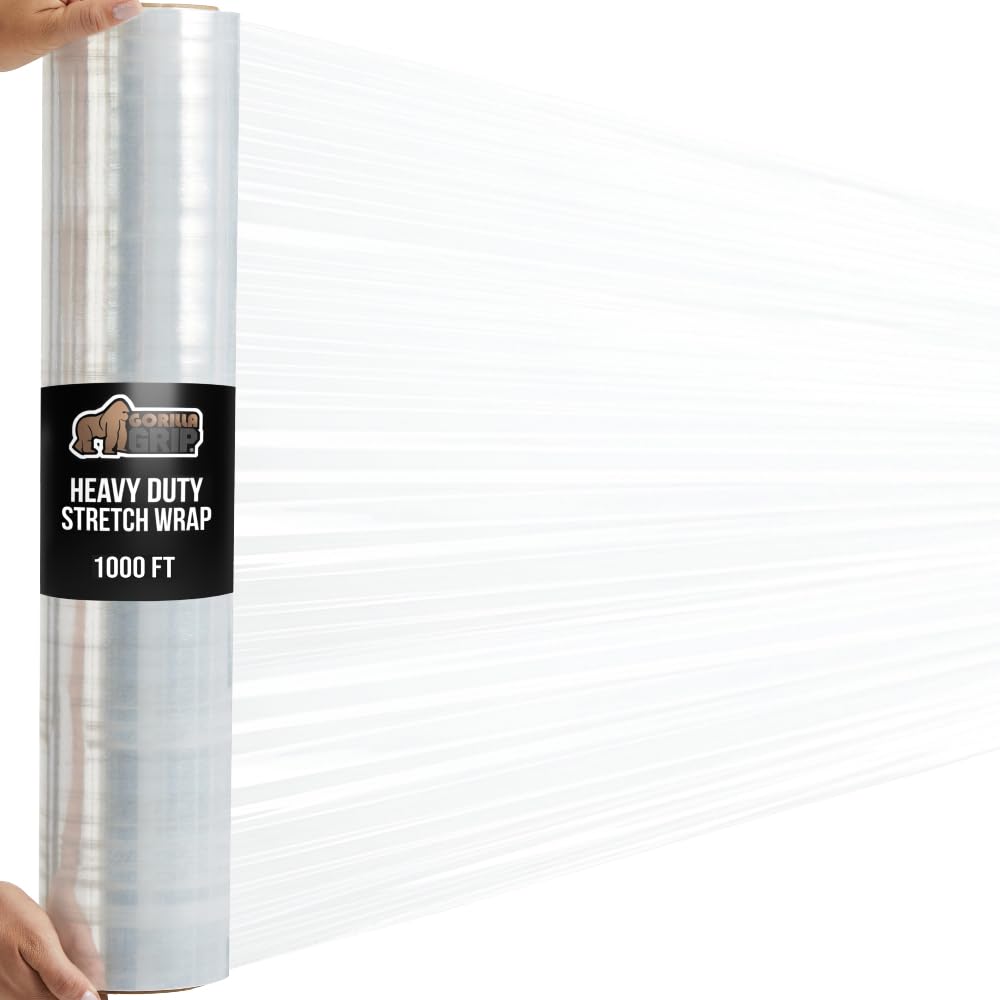 GORILLA GRIP 500% Stretch Film Heavy Duty Plastic, 1000ft Shrink Wrap Roll 24" Puncture Resistant, Industrial Strength for Shipping, Pallet Storing, Moving, Packing Furniture Protection 1 Pack Clear