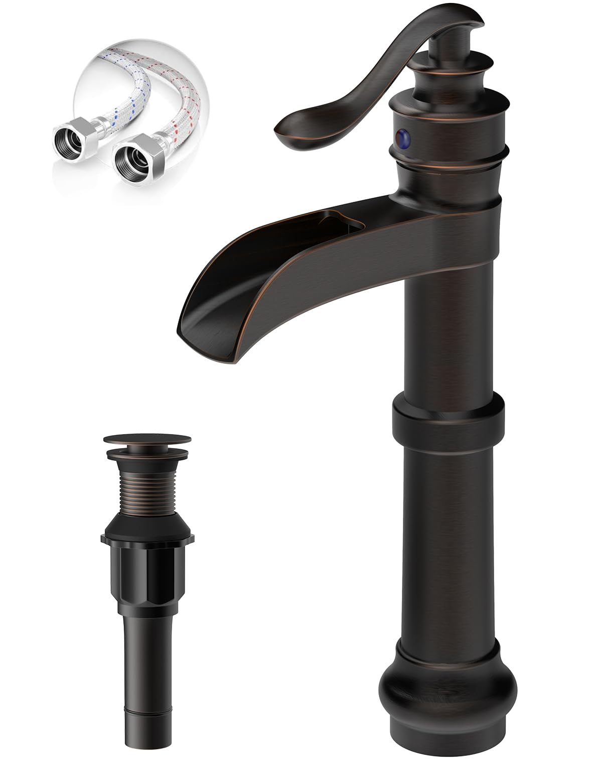 BATHLAVISH Vessel Sink Faucet, Oil Rubbed Bronze Black Bathroom Faucet, Farmhouse Waterfall Sink Faucet Single Hole with Pop Up Drain Assembly Without Overflow One Hole Mixer Tap Deck Mount