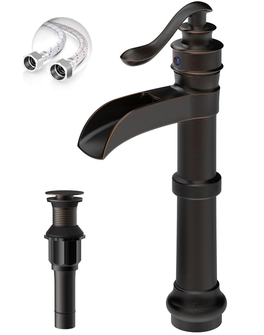 BATHLAVISH Vessel Sink Faucet, Oil Rubbed Bronze Black Bathroom Faucet, Farmhouse Waterfall Sink Faucet Single Hole with Pop Up Drain Assembly Without Overflow One Hole Mixer Tap Deck Mount