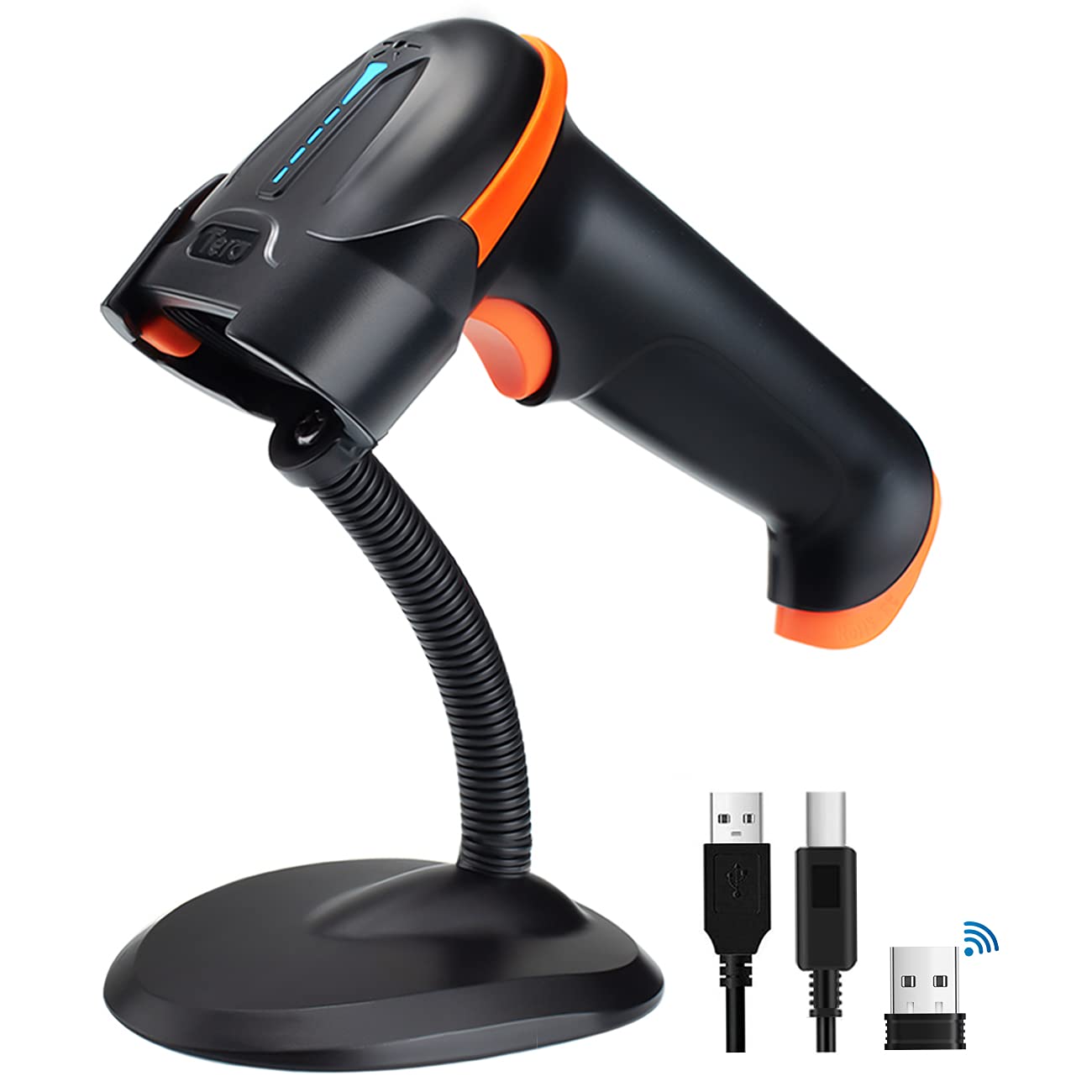 Tera 1D 2D QR Barcode Scanner Wireless and Wired with Battery Level Indicator Digital Printed Bar Codes Reader with Stand Portable Handheld Barcode Scanner Compact Plug and Play Model D5100-Z
