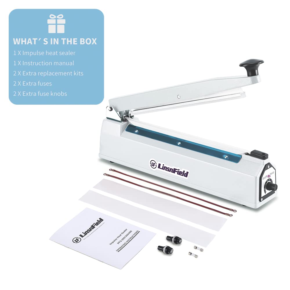 LinsnField Sealer Pro, 12-inch Super Impulse Heat Bag Sealer, 7-mm Sealing System with Patent for Never Burn Out, Antioxidant Aluminium Shield, Copper Transformer, Built-in Fuse Safety System, White