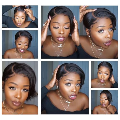 DÉBUT Human Hair Pixie Wig Side Part Lace Front Wigs with Side Fringe Swept Bangs Short Pixie Cut Wig 613 Color