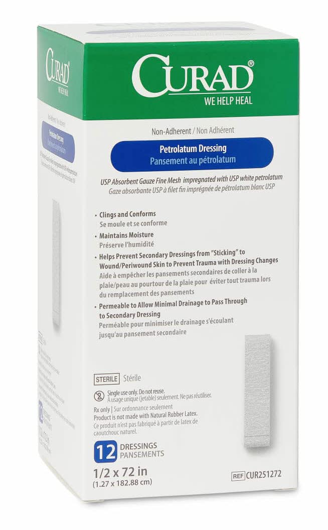 Medline CURAD Sterile Nonadherent Petrolatum Gauze Dressing, 1/2 Inch x 72 Inches, Ideal for Nondraining Wounds, Case of 72 Each