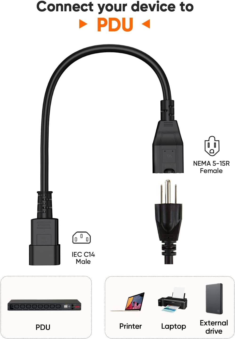 CableCreation [10-Pack] 1 Foot 18AWG Standard Computer Power Adapter Cord NEMA 5-15R Receptacle to IEC320 C14, 0.3M/Black