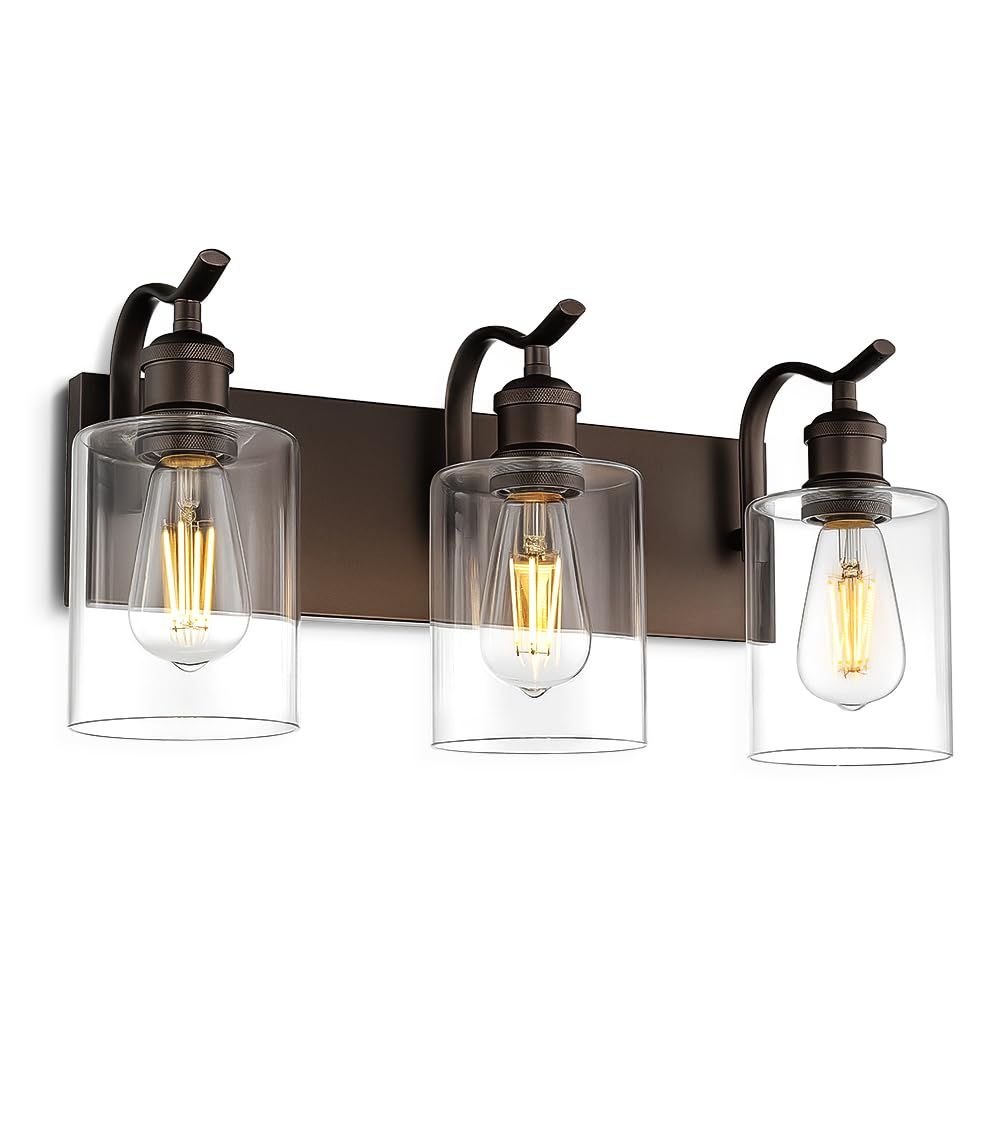 JAZAVA 3 Light Bathroom Vanity Light, Morden Bathroom Lighting Fixtures Over Mirror Oil Rubbed Bronze Wall Light Fixtures with Clear Glass Shade ZCVL01ORB-3