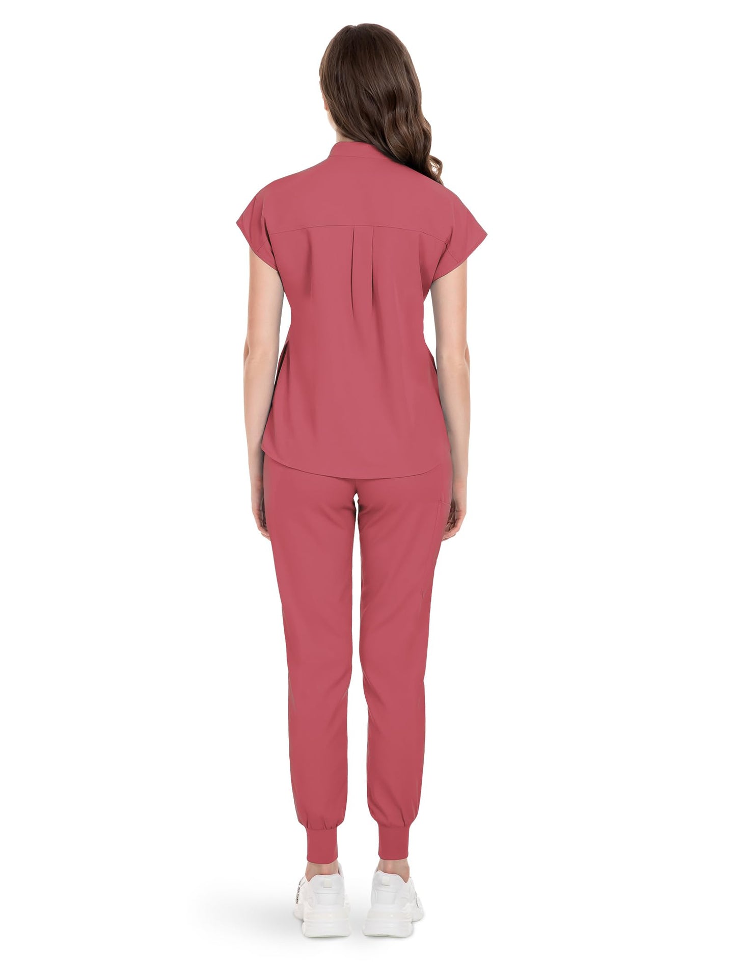 niaahinn Scrubs Set for Women Nurse Uniform Jogger Suit Stretch Top & Pants with Multi Pocket for Nurse Esthetician Workwear (Coral, Small)