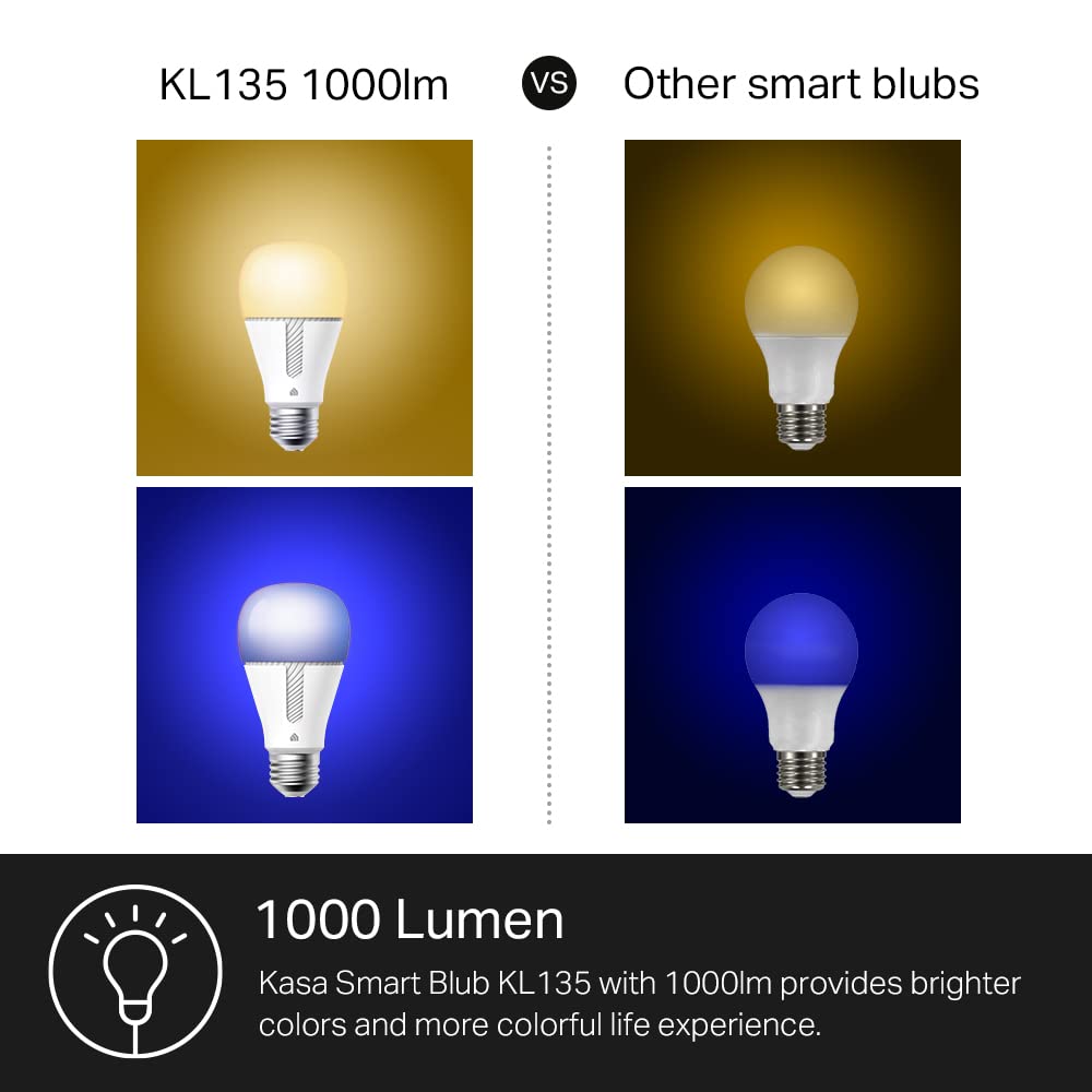 Kasa Smart Light Bulbs, 1000 Lumens High Brightness, 16M Color Changing, Dimmable Smart WiFi Light Bulb, Compatible with Alexa and Google Home, A19, 2.4GHz Wi-Fi only, No Hub Required, KL135(4-Pack)