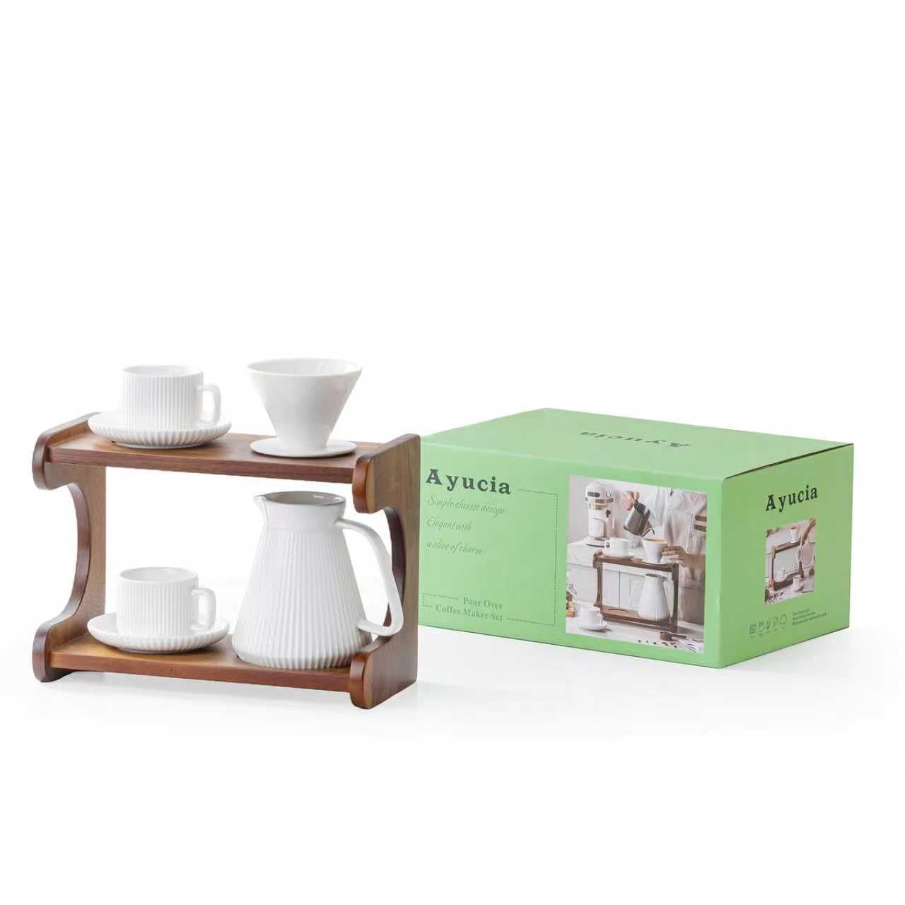 AYUCIA Pour Over Coffee Maker Set, 22OZ Ceramic Pour Over Coffee Dripper with Acacia Wood Stand and 5OZ Cups and Saucers Set of 2, Size 02
