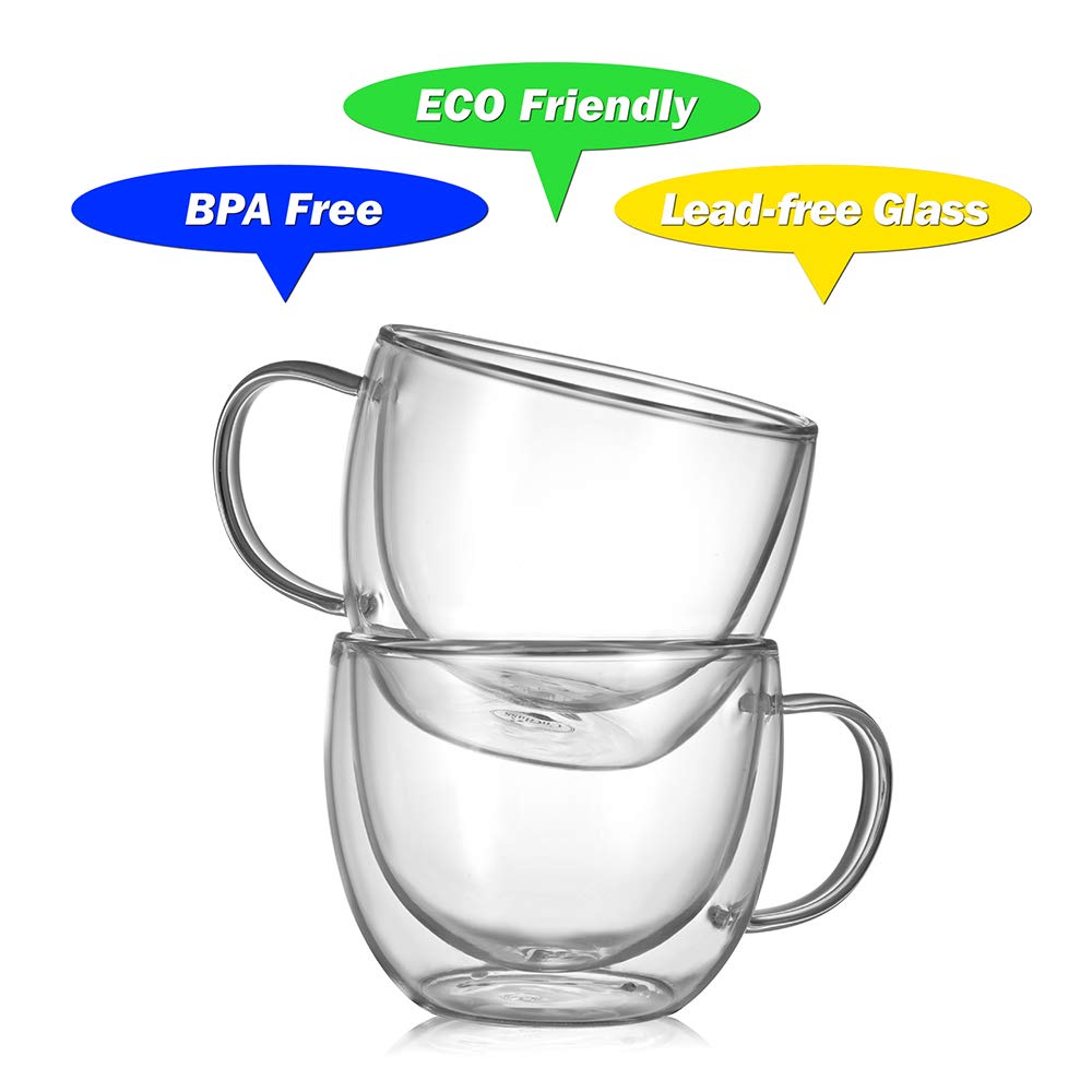 CNGLASS 8oz Double Wall Glass Coffee Mugs,Clear Insulated Espresso Glass Mugs with Handle for Latte,Cappuccino,Coffee,Set of 4