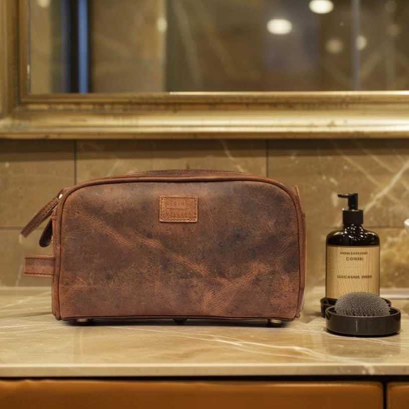 LEATHER VILLAGE Premium Leather Toiletry Travel Pouch With Waterproof Lining - Brown | King-Size Handcrafted Vintage Dopp Kit Bag