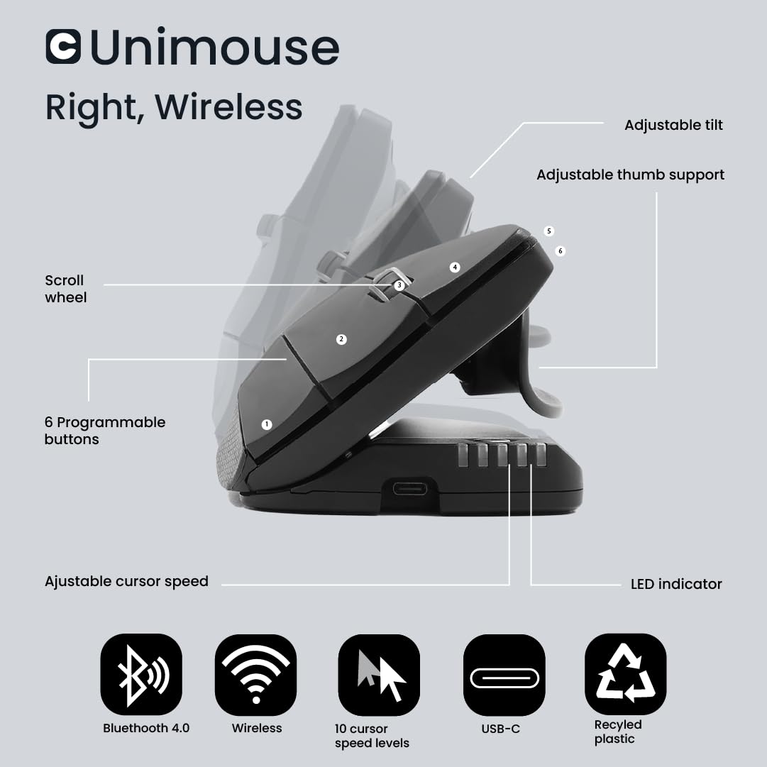 Contour Design Unimouse Eco Wireless Bluetooth Ergonomic Mouse - Right-Hand Vertical Design for Gaming, Laptop & Desktop - Adjustable, Mac & PC Compatible