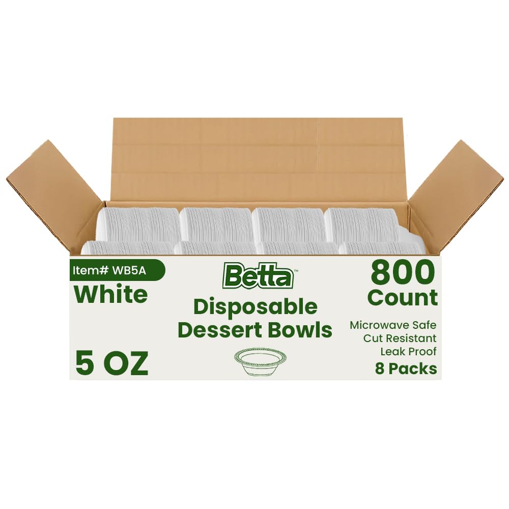 Betta 5 Oz Disposable Plastic Small Dessert Bowls, White, 800 Count, Bulk Case for Schools, Breakrooms and Cafeteria, Microwave Safe (8 Pack Per Box x100)