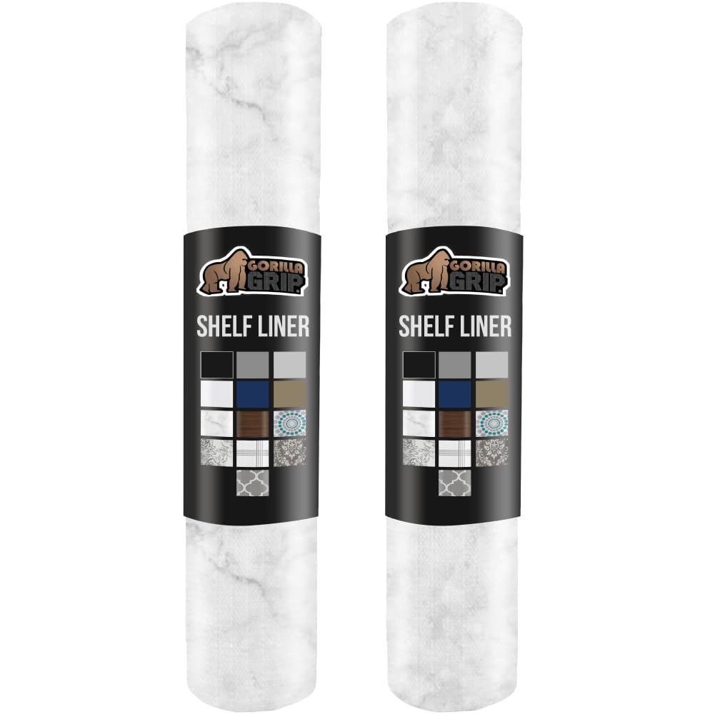 GORILLA GRIP Slip Resistant Drawer and Shelf Liner 2 Pack, Non Adhesive Water Resistant, Easy Clean and Trim, Smooth Surface Liners for Kitchen Cabinet, Shelves, Drawers, Pantry, 12 IN x 20 FT, Marble